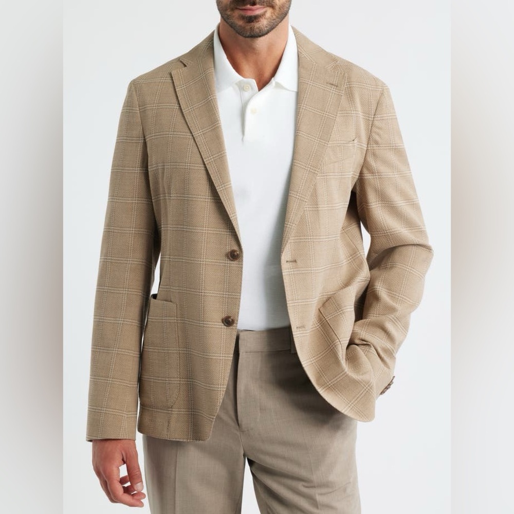 BOSS Hanry Slim Fit Check Stretch Wool & Cotton Sport Coat Beige 40R NWOT